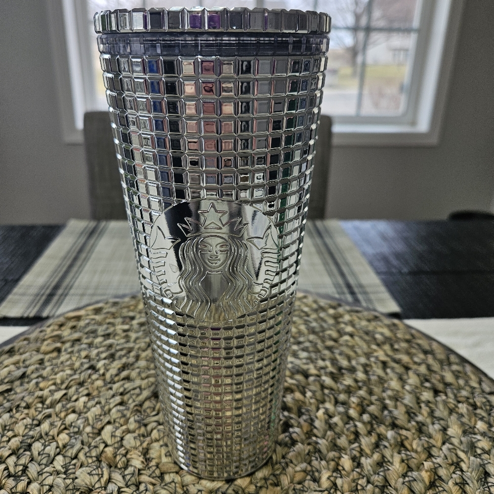 Starbucks 2023 Holiday Silver Metallic Disco Ball Mirror Grid Tumbler 24oz
